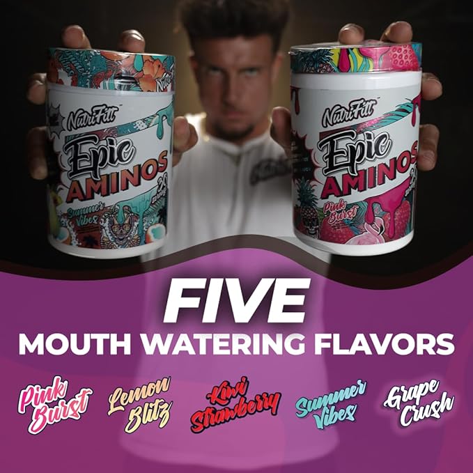 Nutrifitt Epic Aminos | Flavorful for Lean Muscle Growth | Muscle Recovery | Hydration + Endurance | 30 Servings | Pink Burst
