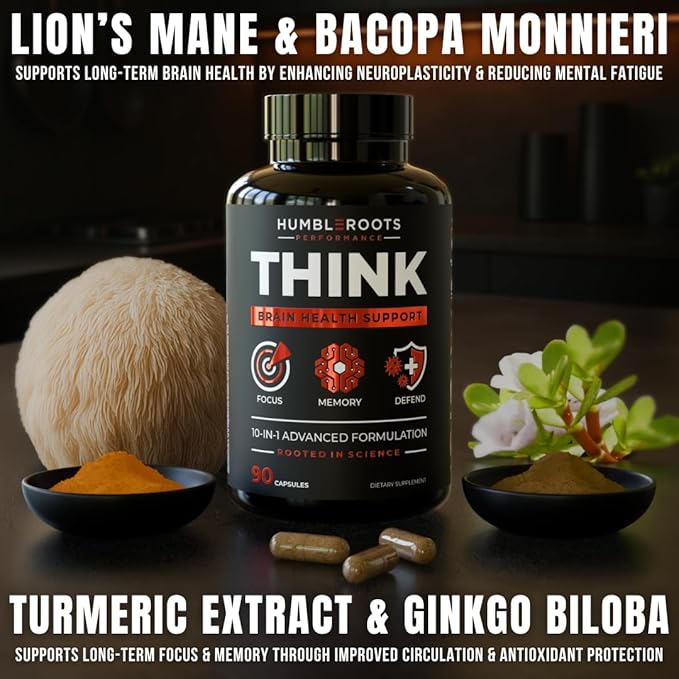All-Natural Brain Supplement for Memory and Focus - Caffeine-Free Long-Term Cognitive Support - 10 Nootropic Ingredients Including Lion’s Mane Bacopa Turmeric Ginkgo &amp Huperzine A - 90 Capsules