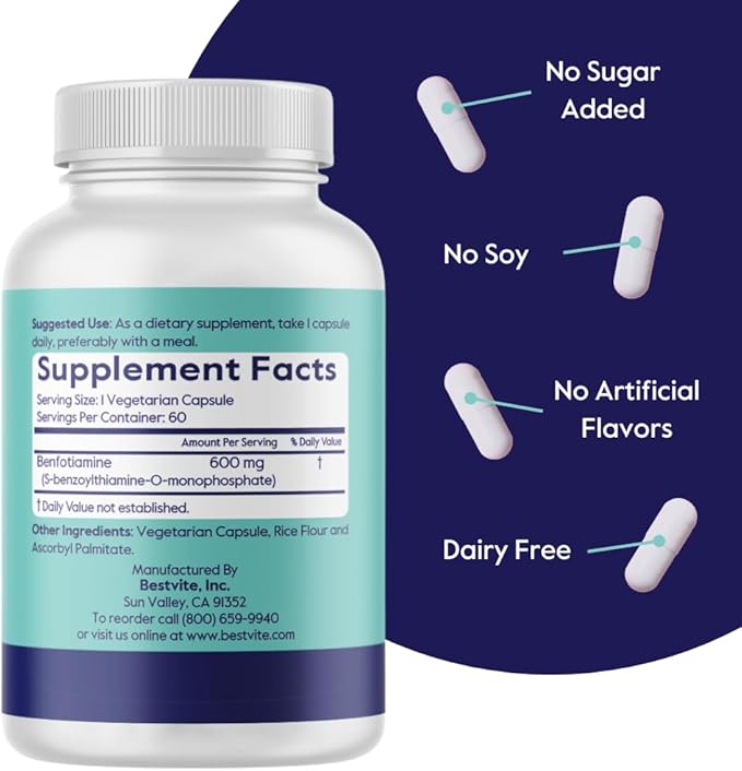 BESTVITE Ultra Benfotiamine 600mg per Capsule (120 Vegetarian Capsules) (60x2) No Stearates - No Silicon Dioxide - Vegan - Non GMO - Gluten Free - Maximum Strength Benfotiamine