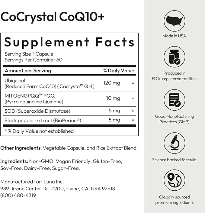 BIGVITA CoCrystal CoQ10 + 120 mg Ubiquinol – Ultra-Absorption Formula with PQQ SOD &amp BioPerine – Supports Heart Energy &amp Cellular Vitality – 60 Capsules - 2 Month Supply