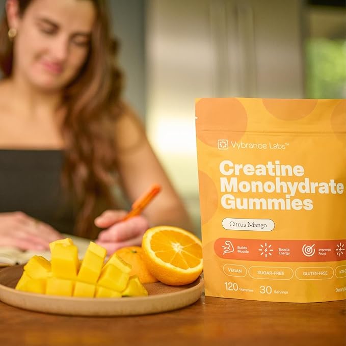 VYBRANCE LABS 3-in-1 Creatine Monohydrate Gummies | 5g Creatine + Taurine + Vitamin B12 | Muscle Strength Brain Energy &amp Focus | Sugar-Free Vegan | Men &amp Women | Citrus Mango