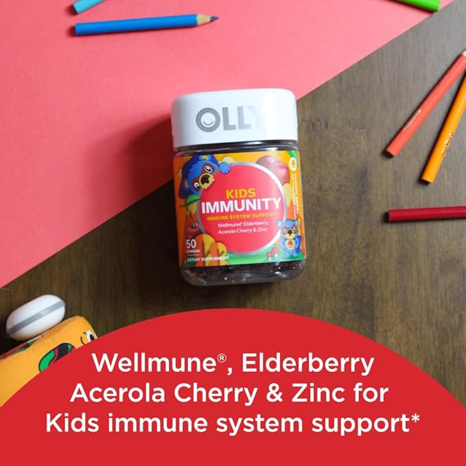 OLLY Kids Immunity Gummy Immune Support Wellmune Elderberry Vitamin C Zinc &amp Probiotic + Prebiotic Gummy Digestive Support and Gut Health 500 Million CFUs Fiber