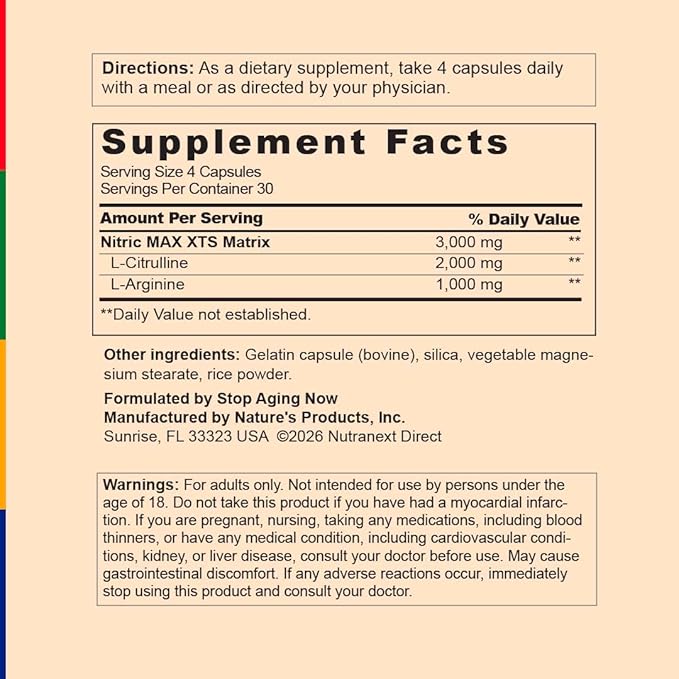 Stop Aging Now - Nitric Oxide Supplement - 120 Capsules - with L-Citrulline and L-Arginine
