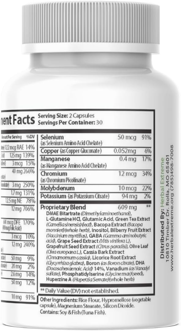 Focuset Nootropics Brain and Focus Formula. 90 Capsules Dimethylaminoethanol (DMAE Bitartrate) L-Glutamine L-Tyrosine GABA Bacopa and More White