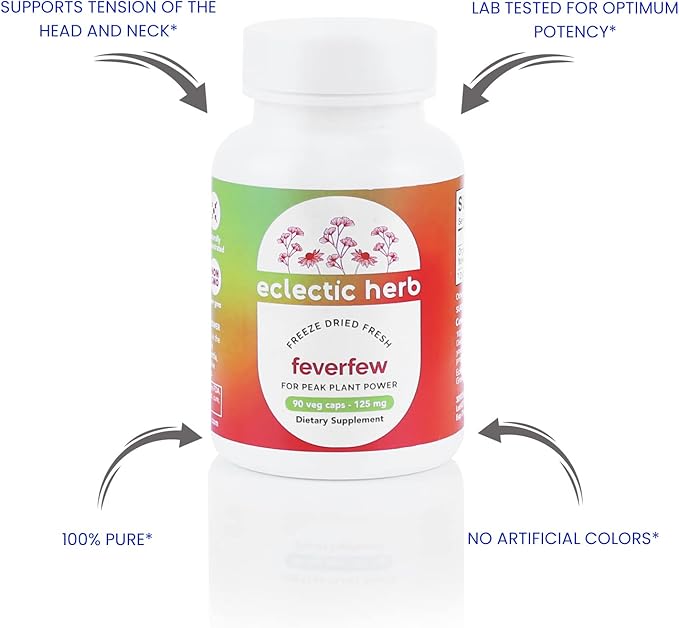 Eclectic Herb - Feverfew Capsules | Support for Head &amp Neck Tension | Herbal Supplement | US-Grown Vegan Non-GMO Gluten Free (90 CT | 125 mg)