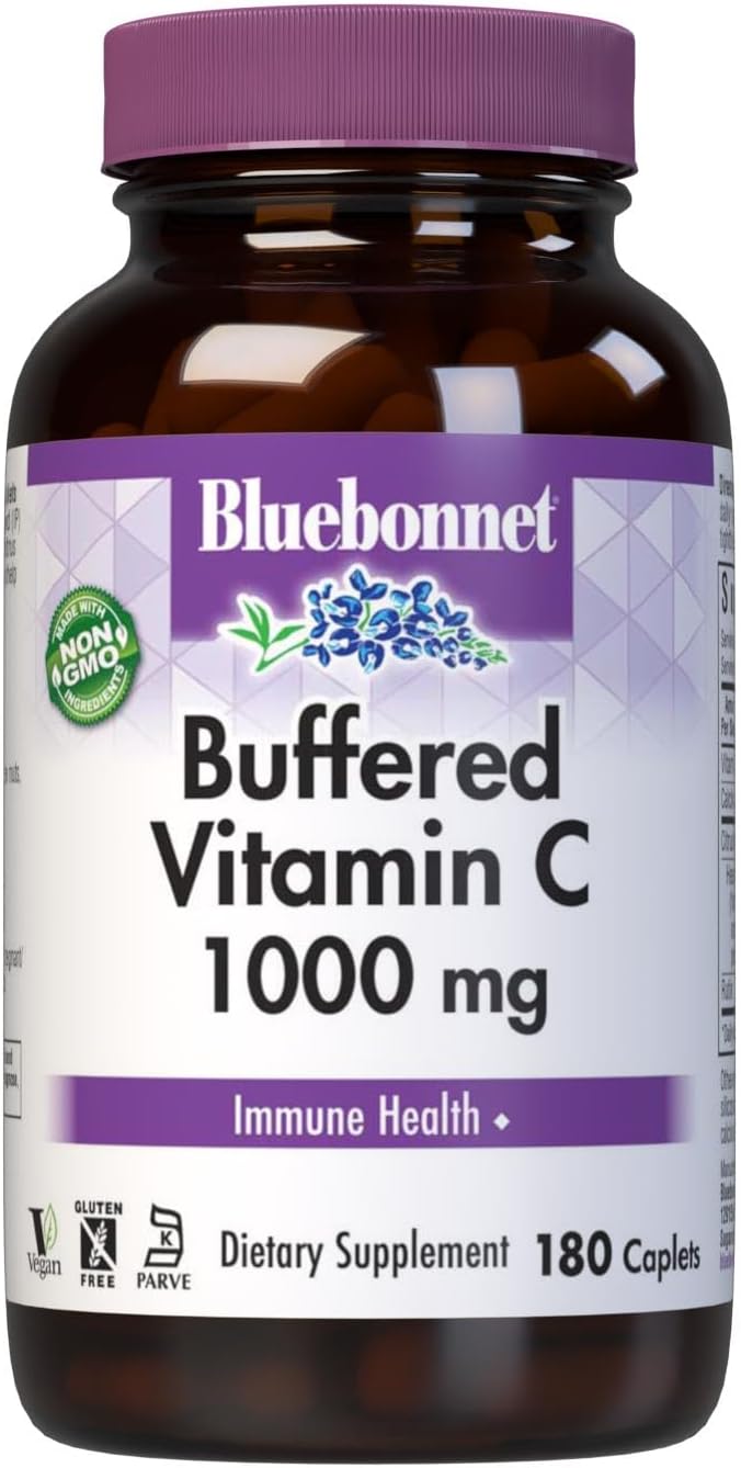 Bluebonnet Nutrition Buffered Vitamin C1000 mg Caplets Buffered Calcium Ascorbate for Immune Health Soy Free Gluten Free NonGMO Kosher Dairy Free Vegan Caplets White Citrus 180 Count