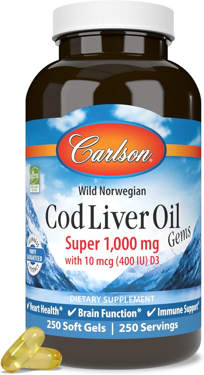 Carlson - Cod Liver Oil Gems Super 1000 mg 250 mg Omega-3s 400 IU (10 mcg) Vitamin D3 Wild Caught Norwegian Arctic Cod Liver Oil Capsules 250 Softgels