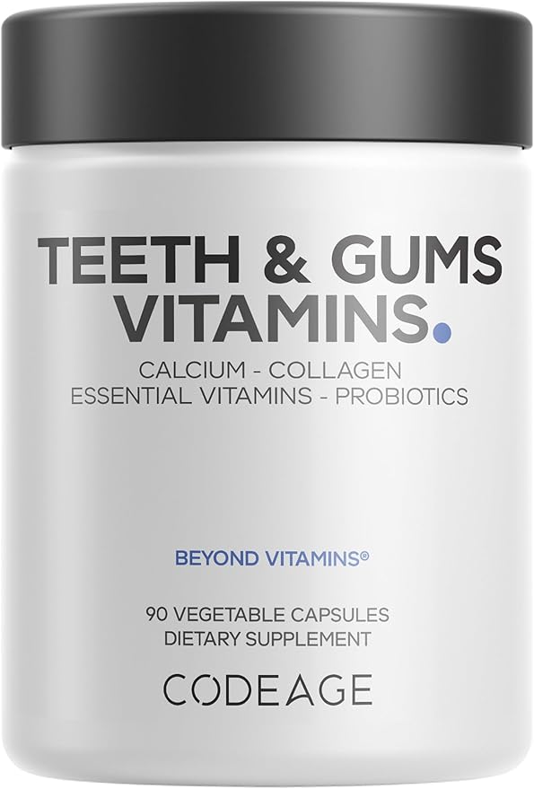 Codeage Teeth &amp Gums Vitamins + Oral Probiotics Supplement for Mouth - Whole Food Calcium Collagen Potassium Vitamin C D3 K2 Zinc – Oral Care &amp Dental Multivitamin Supplements - 90 Capsu