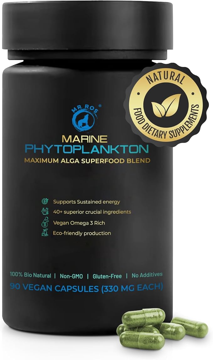 Marine Phytoplankton Capsules – 90 Vegan Capsules – Natural Energy Immune and Cognitive Support – Omega-3 Nannochloropsis gaditana Superfood Non-GMO Gluten Free