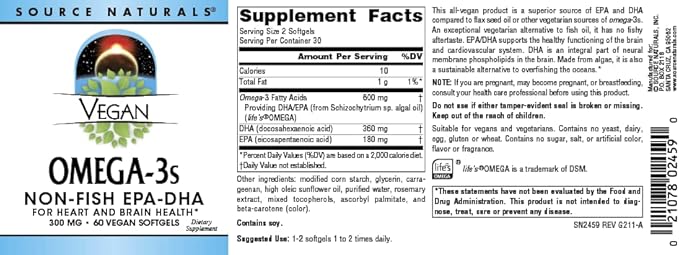 Source Naturals Vegan Omega-3s Non-Fish EPA-DHA for Heart and Brain Health Support* 300 mg - 60 Vegan Softfgels