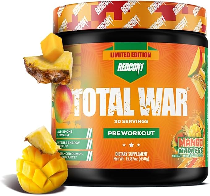 REDCON1 Total War Pre Workout Mango Madness - Fast Acting Caffeinated Preworkout for Men + Women with Beta Alanine - Contains Citrulline Malate for Increased Pump Blood Flow (30 Servings)