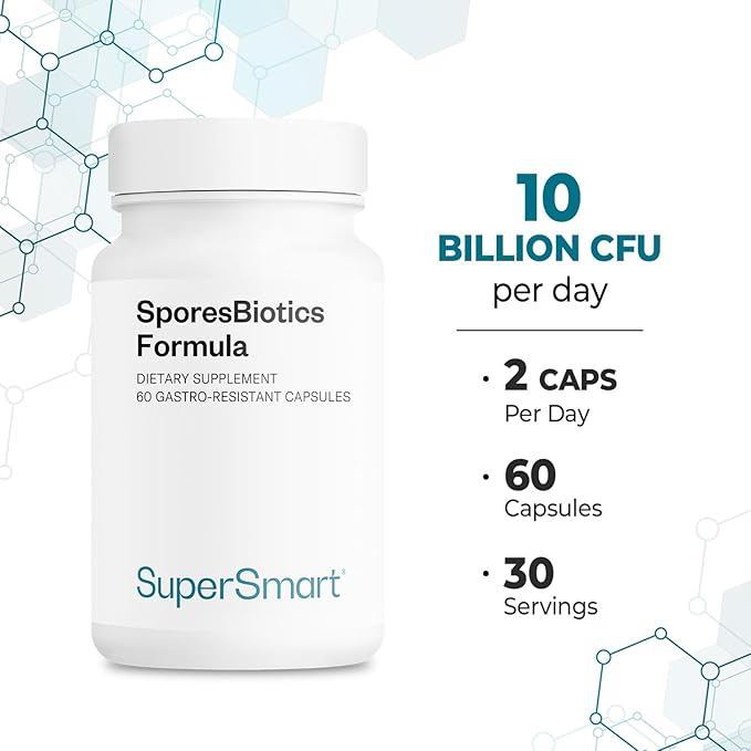 SuperSmart SporesBiotics Formula (Advanced Complex) - 3-in-1 Spore-Based Probiotics with Bacillus Clausii Subtilis Coagulans | Gluten Free &amp Vegetarian - 60 Gastro-Resistant Capsules