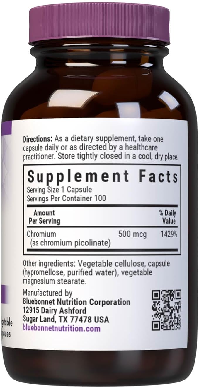 BlueBonnet Nutrition Chromium Picolinate Soy Gluten &amp Dairy Free Non-GMO Kosher Certified Vegan 500 mcg 100 Count