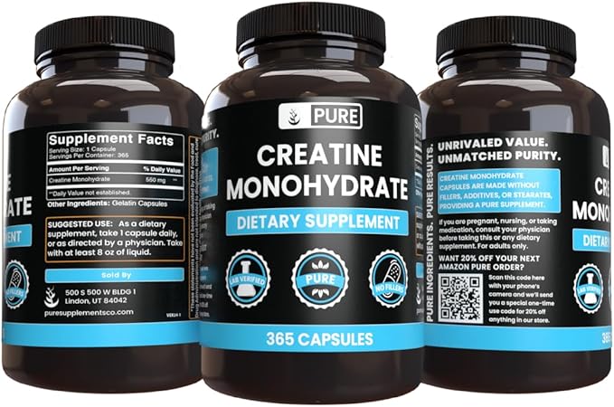 PURE ORIGINAL INGREDIENTS Creatine Monohydrate (365 Capsules) No Magnesium Or Rice Fillers Always Pure Lab Verified