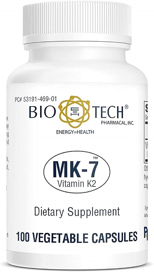 Bio-Tech Pharmacal MK-7 (Vitamin K2) 100 Vegetable Capsules – All-Natural Supplement – Supports Cardiovascular &amp Bone Health – No Dairy Fish Gluten Peanut Shellfish GMOs Kosher Halal &amp