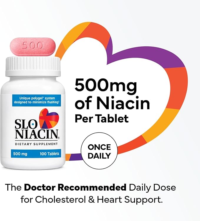 Slo-Niacin Slow Release Niacin 500mg - Vitamin B3 Supplement for Heart Wellness - Flush-Free B3 Vitamins for Cholesterol &amp Cardiovascular Support - 200 Tablets