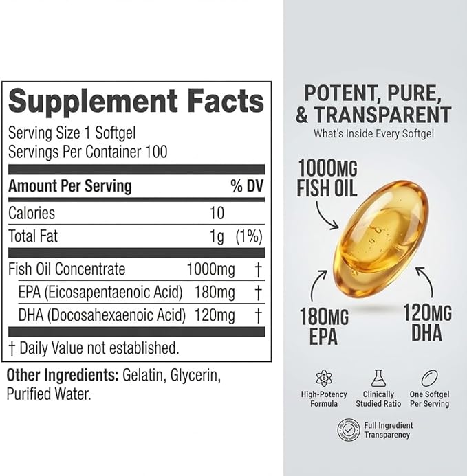 Omega Matrix+ Omega 3 Fish Oil Supplement 1000mg EPA DHA Omega 3 Fish Oil Omega 3 Supplements Brain Supplement Heart &amp Joint Support 100 Softgels