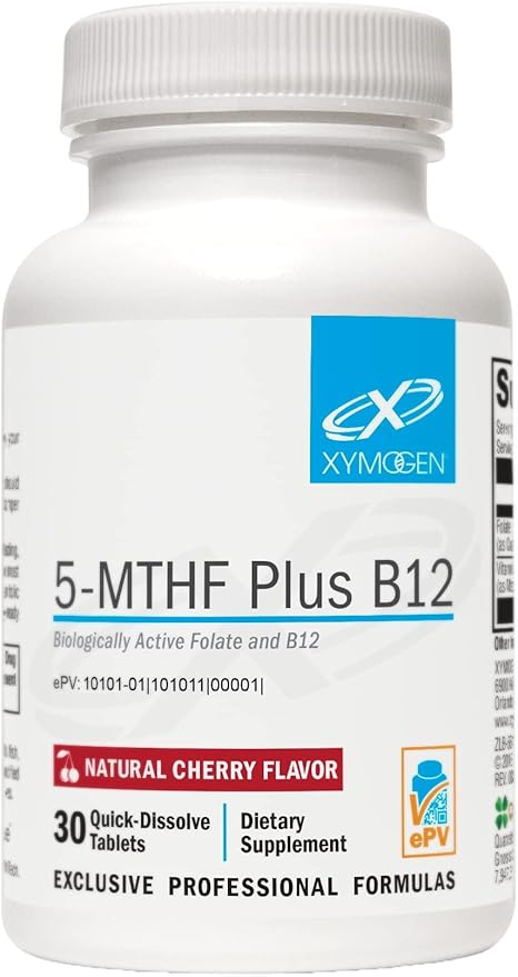 XYMOGEN 5-MTHF Plus B12 - Biologically Active L Methylfolate Supplement - Support Methylation &amp Nervous System Health - Great-Tasting Cherry Flavor (30 Quick-Dissolve Tablets)