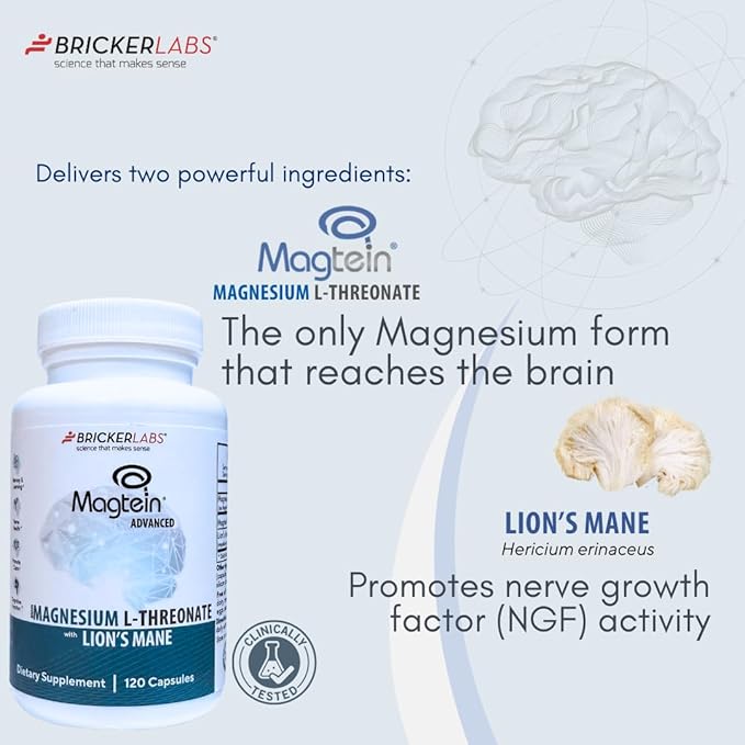 Bricker Labs Magtein® &amp Lion’s Mane-Advanced Magnesium L-Threonate Formula for Brain Health Memory &amp Focus-Cognitive Support Supplement 120 Capsules