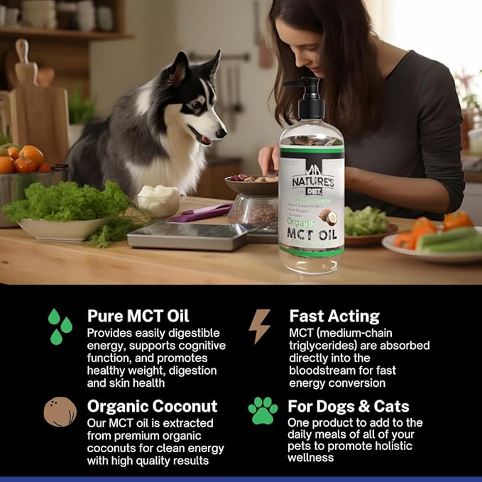 Nature's Diet Organic MCT Oil for Dogs and Cats 32 oz (907g) Human Grade Pure C8 and C10 MCTs from Organic Coconuts