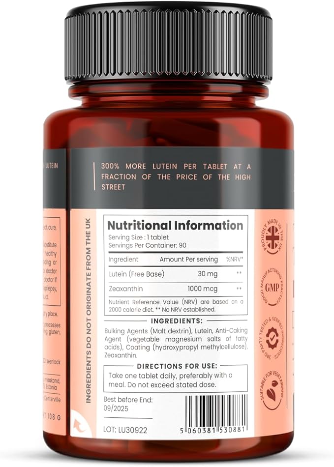 pureclinica Lutein 30mg with Zeaxanthin 1000mcg – Triple Strength Supplement 90 Tablets (3-Month Supply)