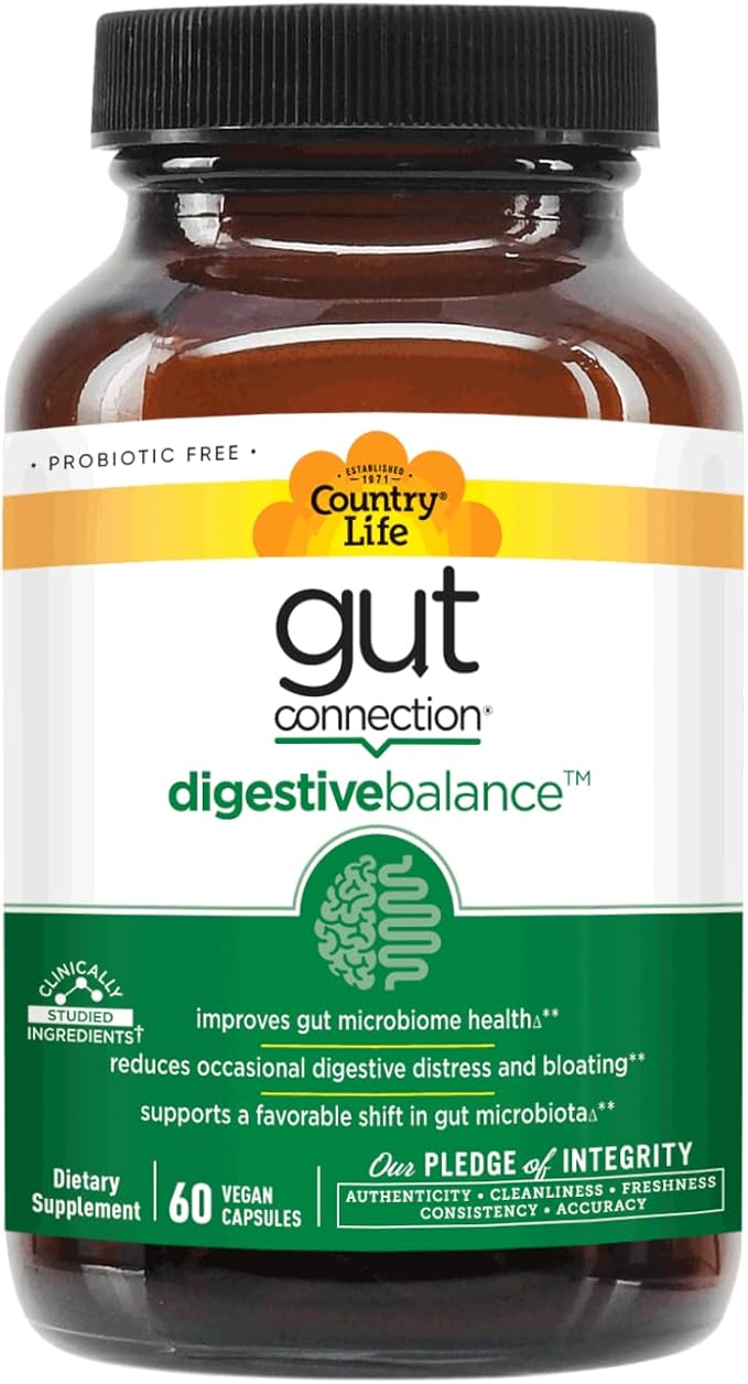 Country Life Gut Connection Digestive Balance – Prebiotic &amp Digestive Enzyme Supplement for Gut Health Bloating Relief and Improved Bowel Movements – Gluten-Free Vegan Non-GMO 60 Capsules