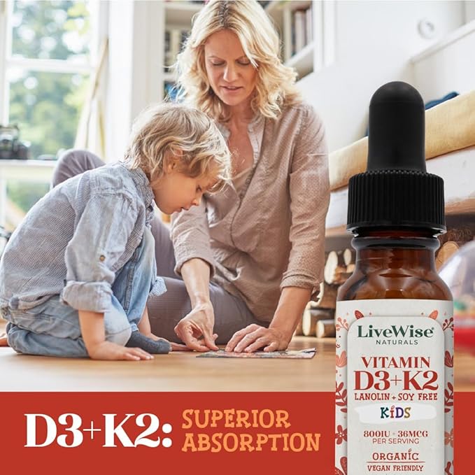 Live Wise Naturals Vitamin D3 K2 Kids Liquid Drops - 112 Servings Ultra Concentrated Formulation Fast Absorption 800 IU &amp 35 MCG for Calcium &amp Bone Support - Daily Nutritional Support Parent