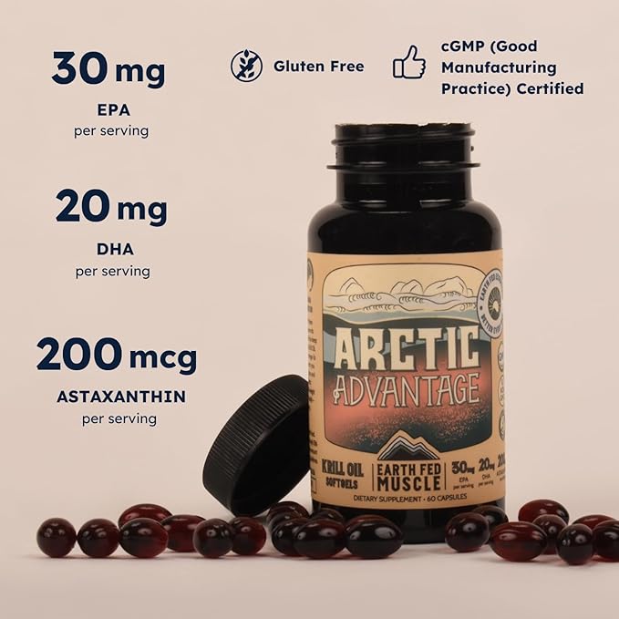 Earth Fed Muscle Arctic Advantage Krill Oil 500mg softgels Omega-3 DHA &amp EPA for Heart Brain Eye &amp Joint Health Support No Fishy Aftertaste Non-GMO Gluten-Free Antartic Krill Oil - 60 Ca