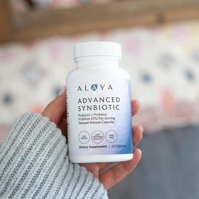 Alaya Naturals Advanced Synbiotic - Probiotic + Prebiotic - 14 Billion CFU Delayed Release Probiotic Supplement with Prebiotics from Sunfiber® and L-glutamine for Gut Lining Integrity - 60 Capsules