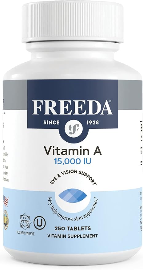 Freeda Vitamin A 15000 IU – Retinyl Palmitate – Vegan Kosher No Fish – Eye Vision Immune &amp Skin Support – Tiny Easy-to-Swallow Tablets – VIT A Vitamina A Supplement – 250 Tablets