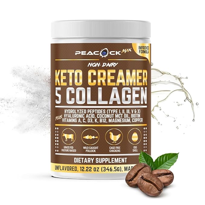 Peacock Max Collagen Keto Creamer &amp Superfood Reds and Greens Powder Bundle – Hydrolyzed Collagen with MCT &amp Organic Superfoods with Probiotics &amp Enzymes