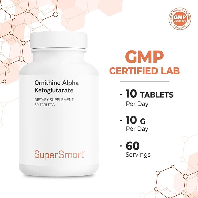 Supersmart - Ornithine Alpha Ketoglutarate OKG 10g per Day (Highly Bioavailable) - Easy-to-Take &amp Potent L-Ornithine Supplement - Amino Acid | Non-GMO &amp Gluten Free - 60 Tablets