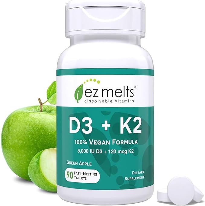 EZ Melts Dissolvable Vegan Vitamin D3 + K2 5000 IU - Bone &amp Heart Health Support - Immune Function Support - No Artificial Flavors - Non-GMO - Green Apple - 90 Dissolvable Tablets (90 Servings)