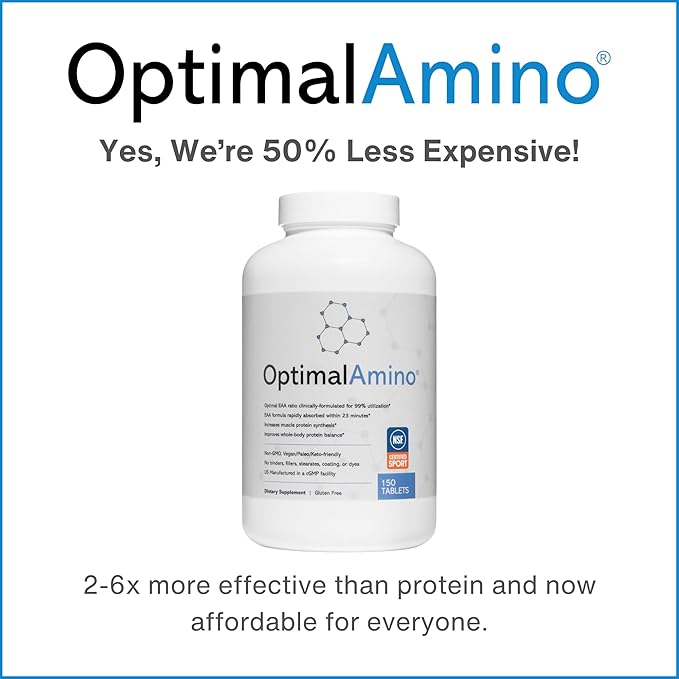 OptimalAmino Tablets (150 Count) | 99% Utilized Essential Amino Acids (EAA) Supplement Increase Muscle Recovery BCAA Protein Pre/Post Workout | NSF Certified for Sport® Certified
