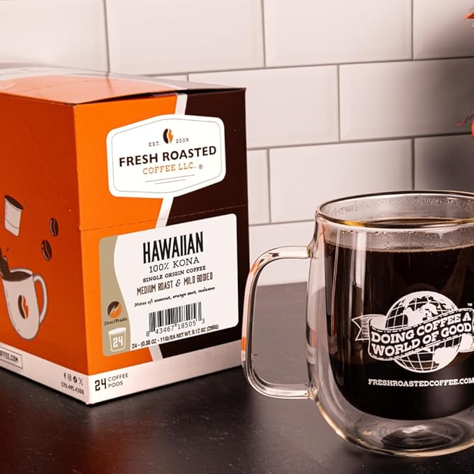 Fresh Roasted Coffee 100% Hawaiian Kona Medium Roast Kosher K-Cup Compatible 24 Pods