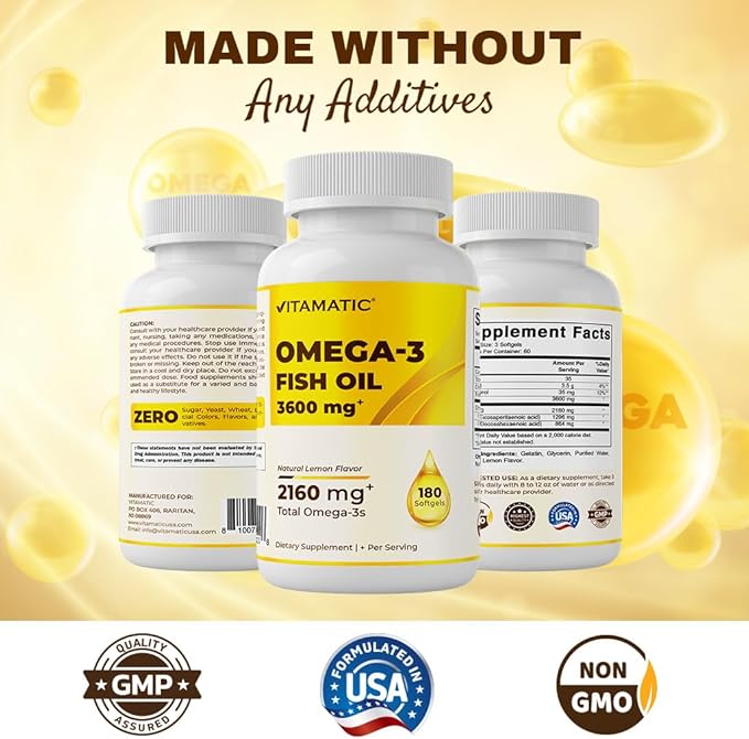 Vitamatic Triple Strength Omega 3 Fish Oil 3600mg Per Serving 2160mg Omega 3 Fatty Acids 1296mg EPA + 864mg DHA Burpless Lemon Flavor 180 Softgels- 2 Pack