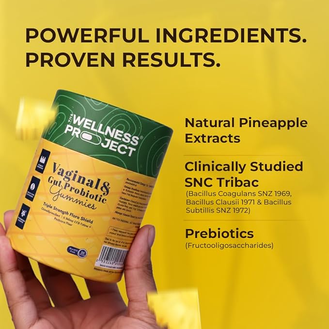 The Wellness Project Vaginal &amp Gut Probiotic + Prebiotic Gummies| Triple-Strength Clinically Studied Probiotics for Flora Odor &amp pH Balance | No Added Sugars | Delicious Pineapple Flavor (Pac
