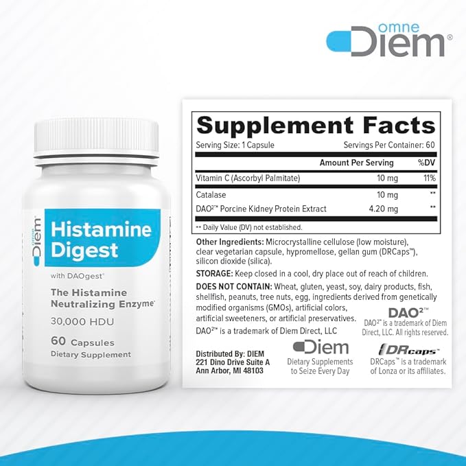 Omne Diem DAO 30000 HDU - 60 Caps - Histamine Neutralizing Enzyme - Relieve Histamine Intolerance with Diamine Oxidase - The Original Tested DAO Enzyme Supplement