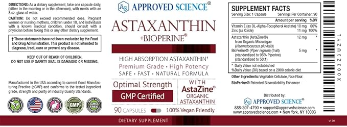 Approved Science® Astaxanthin 12 mg - Extra Strength Antioxidant - Supports Heart Eyes Skin - 180 Vegan Capsules - 6 Month Supply