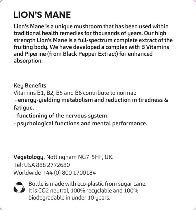 Lions Mane Supplement 2000mg High Strength Mushroom Complex with B Vitamins and Black Pepper Supports Mental Clarity Energy &amp Nervous System 60 Vegan Capsules Age 11+