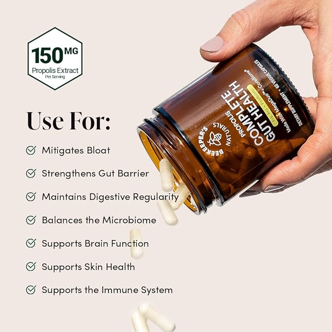 Complete Gut Health by Beekeeper's Naturals 3-in-1 Prebiotic Postbiotic Probiotics for Digestive Health &amp Bloating Relief for Women &amp Men Propolis Powered Gluten-Free Vegan Capsules 60ct