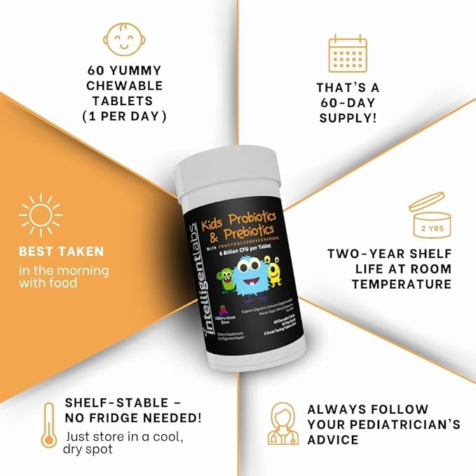 Intelligent Labs Kids/Children Probiotics 6 Billion CFU with Prebiotics PHGG &amp FOS Once-Daily Chewable Great Taste 10x Effectiveness 60-Day Supply Third-Party Verified