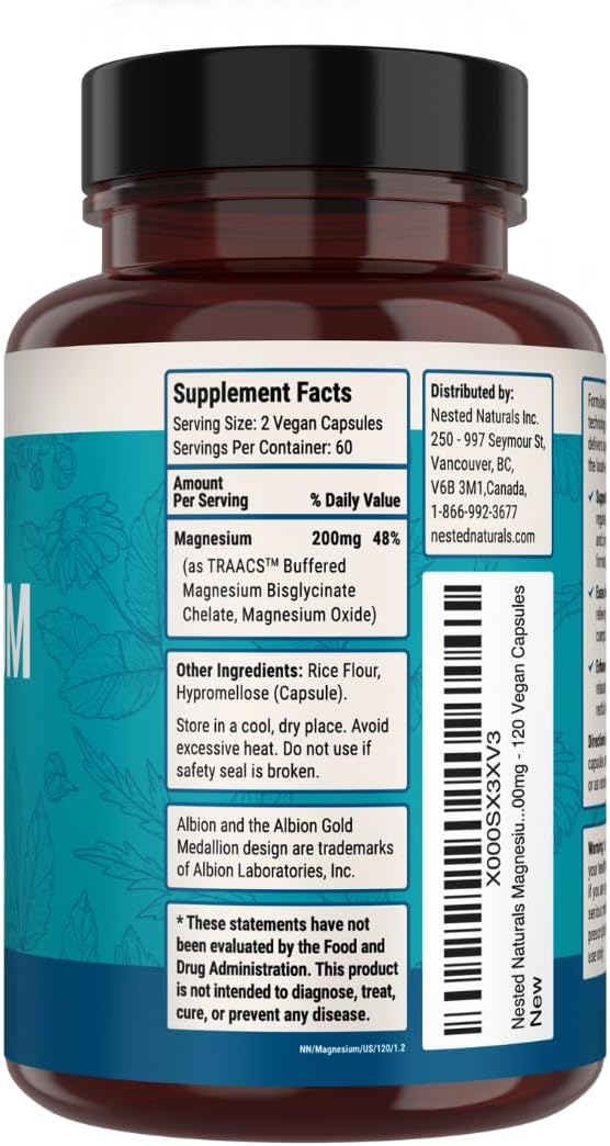 Nested Naturals Magnesium Glycinate Chelate - 200mg Chelated Magnesium Supplement for Muscle Cramps Relaxation &amp Sleep Support - 100% Albion TRACCS Buffered Magnesium Glycinate - 120 Vegan Capsu