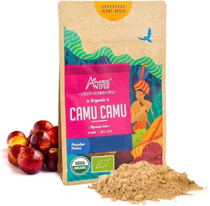 Amazon Andes Organic Camu Camu Powder 3.5oz 100g - Pure Vitamin C from Peru - USDA Organic Whole Berry Freeze Dried - Myrciaria Dubia Raw Superfruit Amazonian Non-GMO Vegan Gluten Free