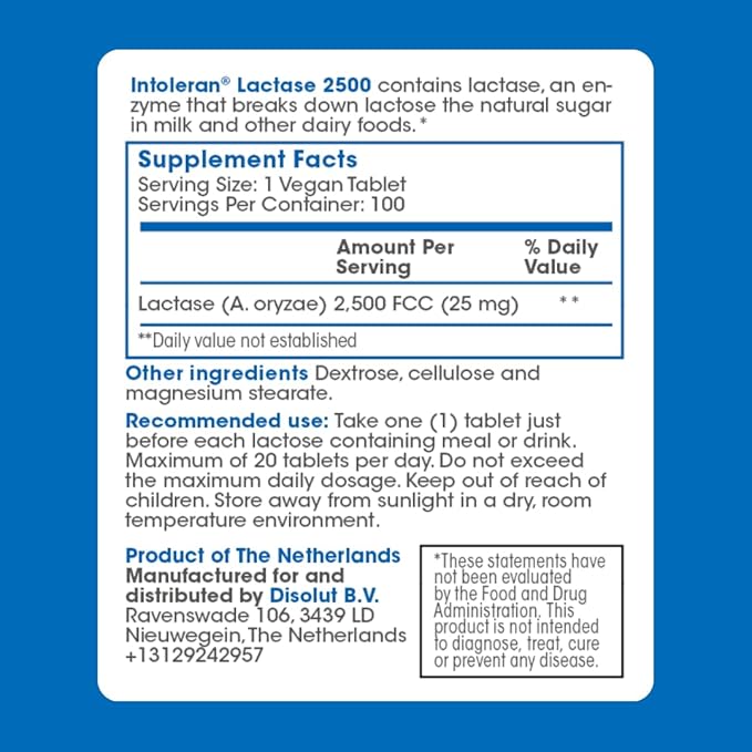 Intoleran Lactase 2500 Digestive Enzymes - 100 Tablet Dispenser | Supplement for Lactose Intolerance | Lactase Enzyme that Helps Digest Dairy &amp Lactose | Small Tablet &amp Ideal for Children | Ve