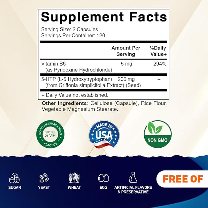Vitamatic 5-HTP 200mg with B6 5mg Per Serving - 240 Vegetarian Capsules (5-Hydroxytryptophan) - (Griffonia Simplicifolia Seed Extract)- 2 Pack
