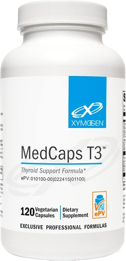 XYMOGEN MedCaps T3 - Thyroid Support Formula with Vitamins + Herbs - Selenium Zinc Vitamin E + C Ashwagandha Guggul Extract and Iodine Supplement (120 Capsules)