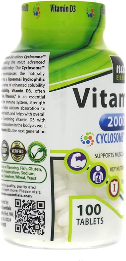 NATURE'S ESSENTIALS Vitamin D3 2000IU | Immune Support | Advanced Cyclosome Liposomal Delivery | Non-GMO Gluten Free Vegetarian | 100 Tablets