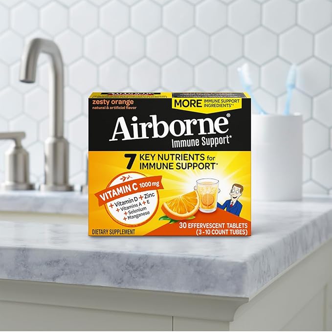 Airborne 1000mg Vitamin C + Zinc Sugar Free Multivitamin Immune Support Effervescent Fizzy Drink Tablets Zesty Orange Flavor with Powerful Antioxidants Vitamins A C &amp E 30 Tablets (3 Pack)