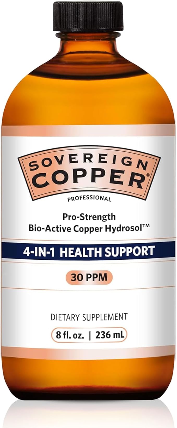 Sovereign Copper Pro-Strength Bio-Active Copper Hydrosol - Bioavailable Liquid Supplement for Adults &amp Kids w/Silver Hydrosol for Hair Skin &amp Nails 30ppm - 8 fl oz (237mL)